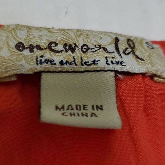 One World Red Orange Embroidered 3/4 Sleeves Boho Peasant Top - Picture 10 of 11